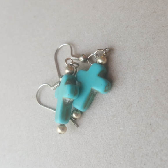 Turquoise Cross Earrings Western Boho Antiques Stone Howlite - Picture 4 of 8